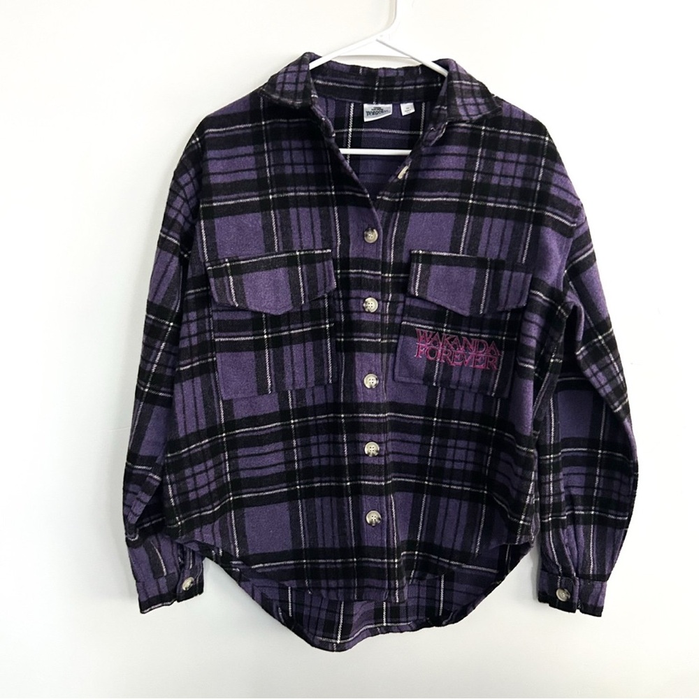 Purple Plaid Button-Up Wakanda Forever Flannel Shirt